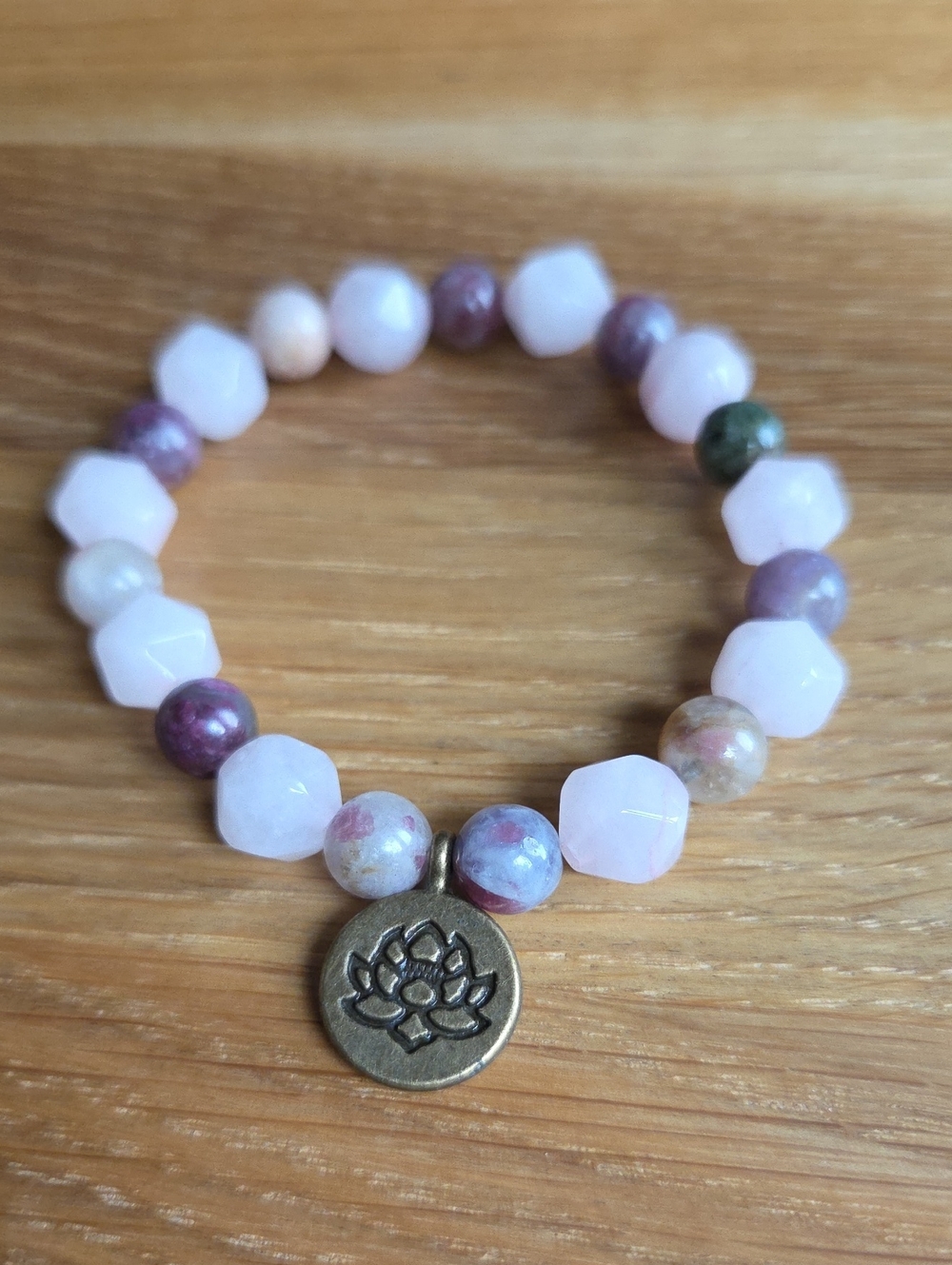 Rose Quartz & Tourmaline Bead Stretch Bracelet w/ Lotus Charm | Handmade
